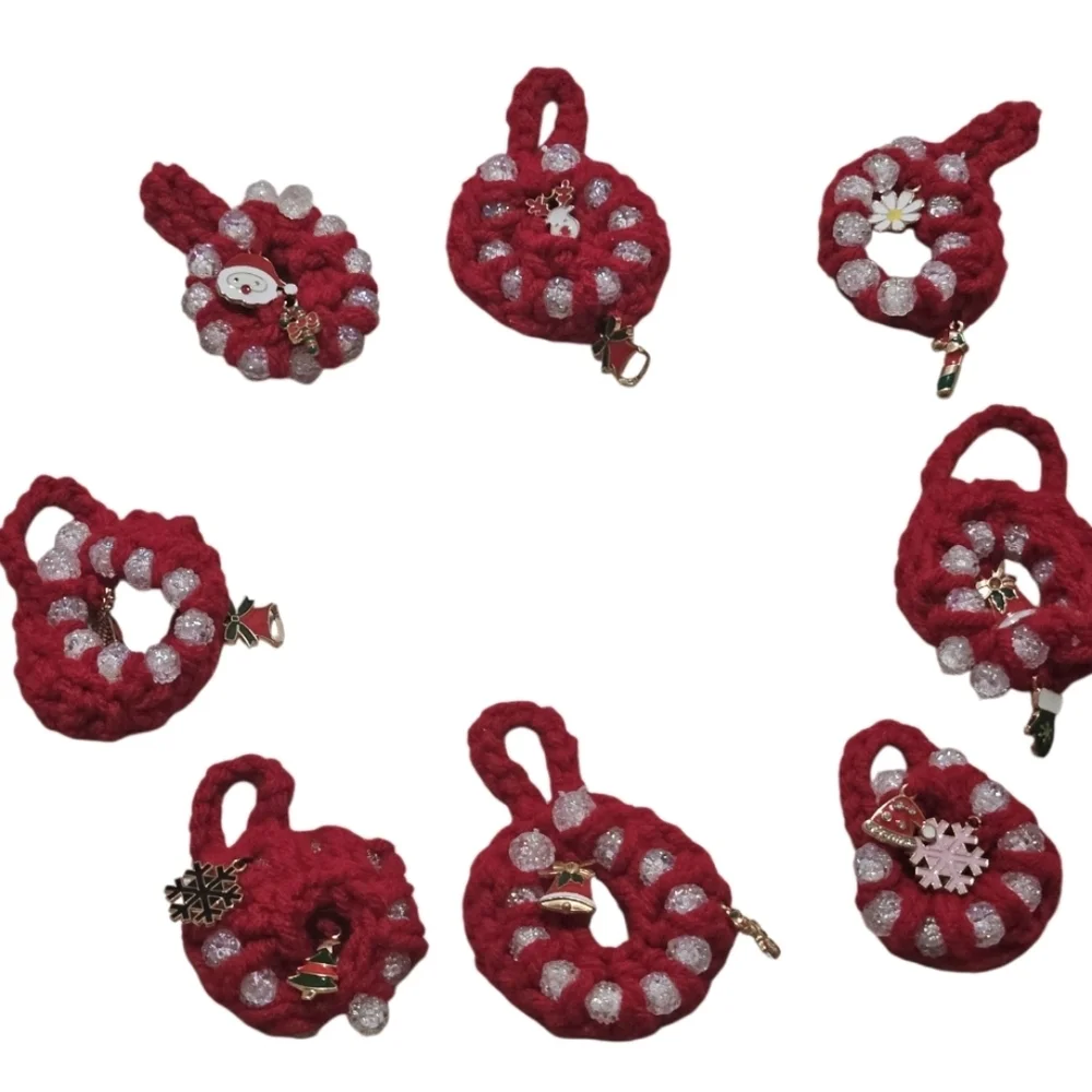 Hand Crafted Hand Crochet Christmas ornaments red beaded 8 mini holiday wreaths